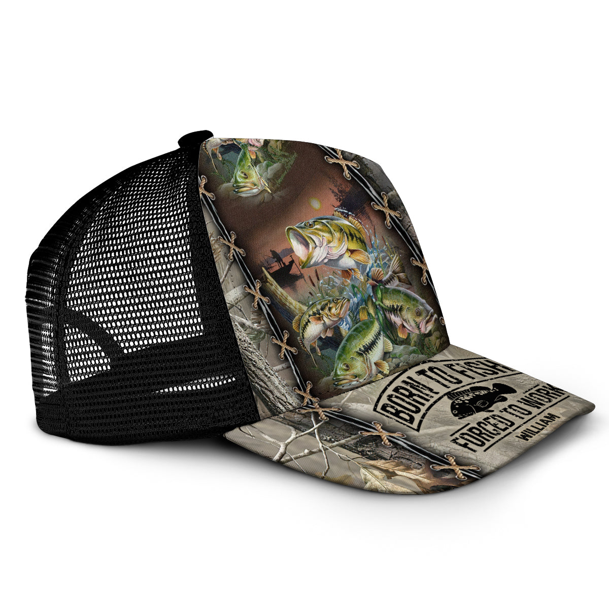 Born To Fish Forced To Work - Personalized Fishing Trucker Hat (Black Mesh)