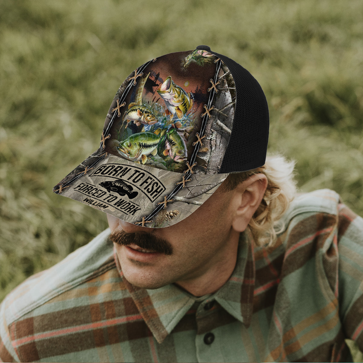 Born To Fish Forced To Work - Personalized Fishing Trucker Hat (Black Mesh)