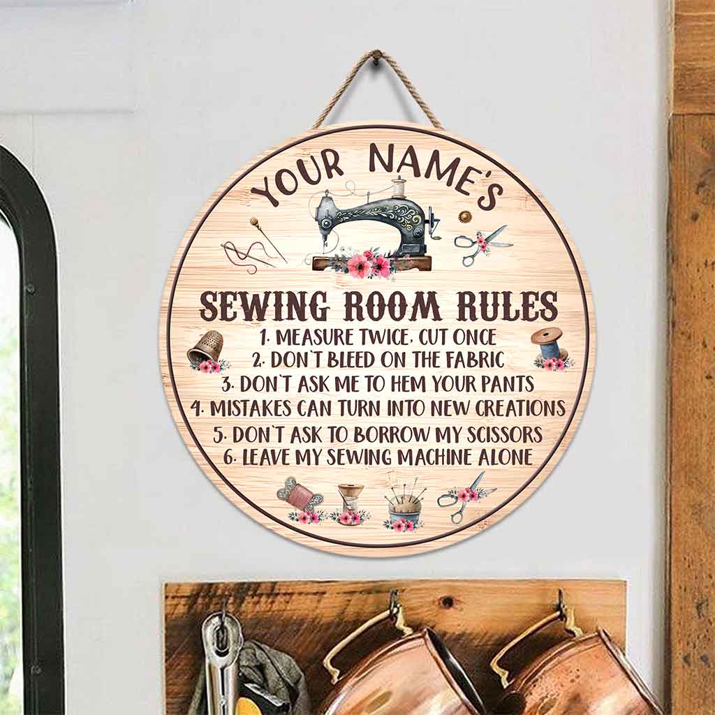 My Sewing Room Rules Vintage Sewing Machine - Personalized Round Wood Sign