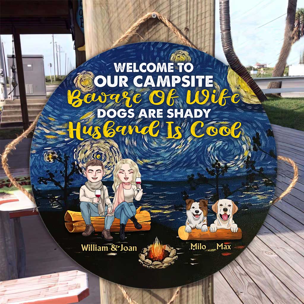 Welcome To Our Campsite - Personalized Couple Camping Round Wood Sign