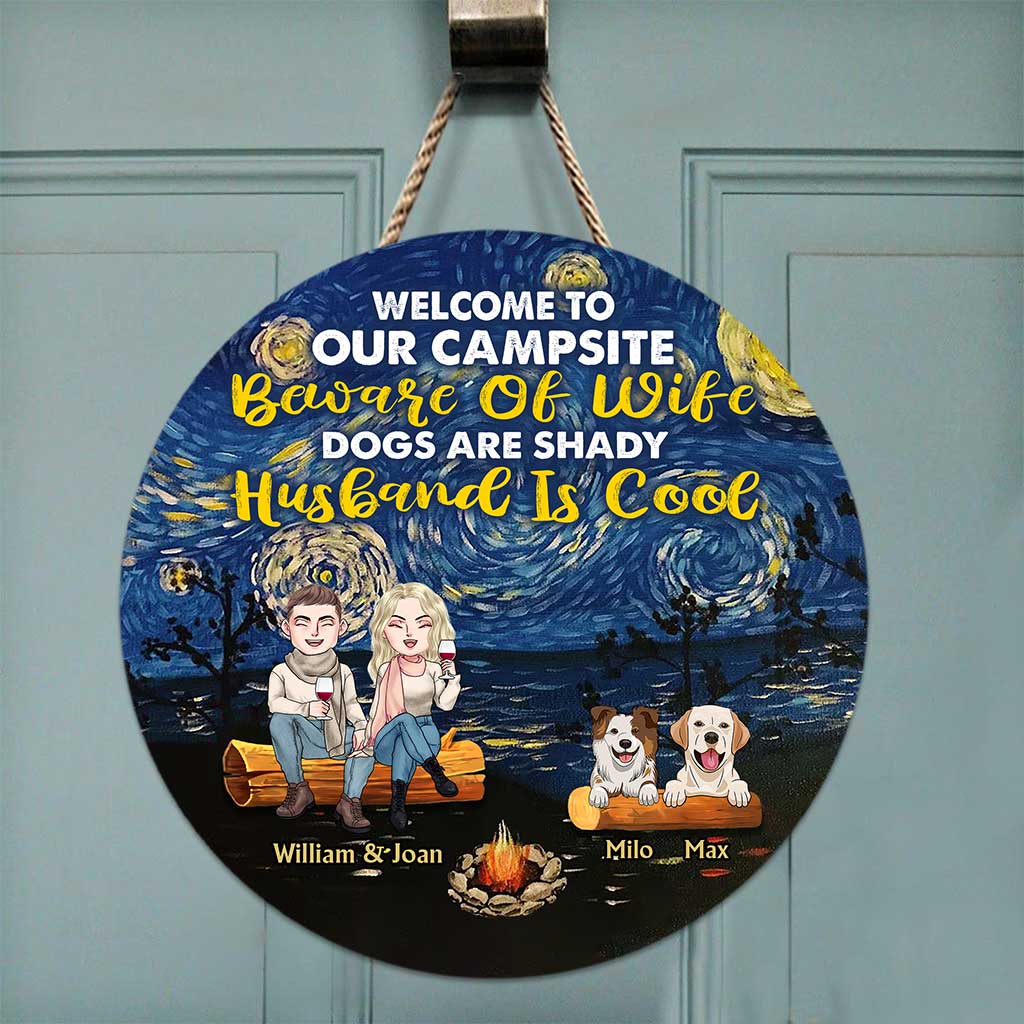 Welcome To Our Campsite - Personalized Couple Camping Round Wood Sign