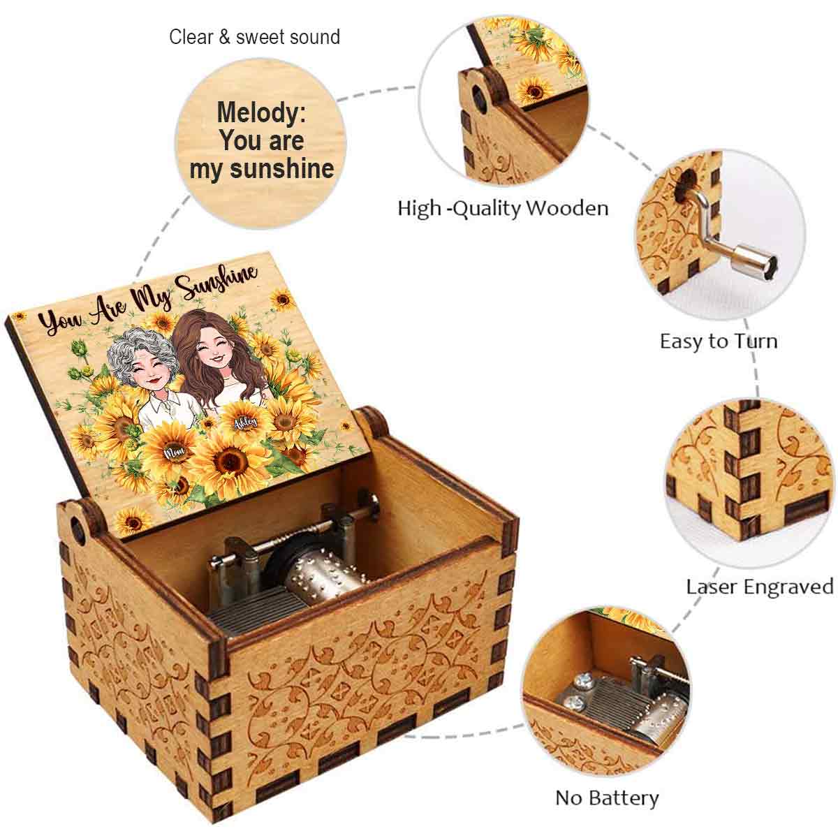You Are My Sunshine - Personalized Mother's Day Mother Hand Crank Music Box
