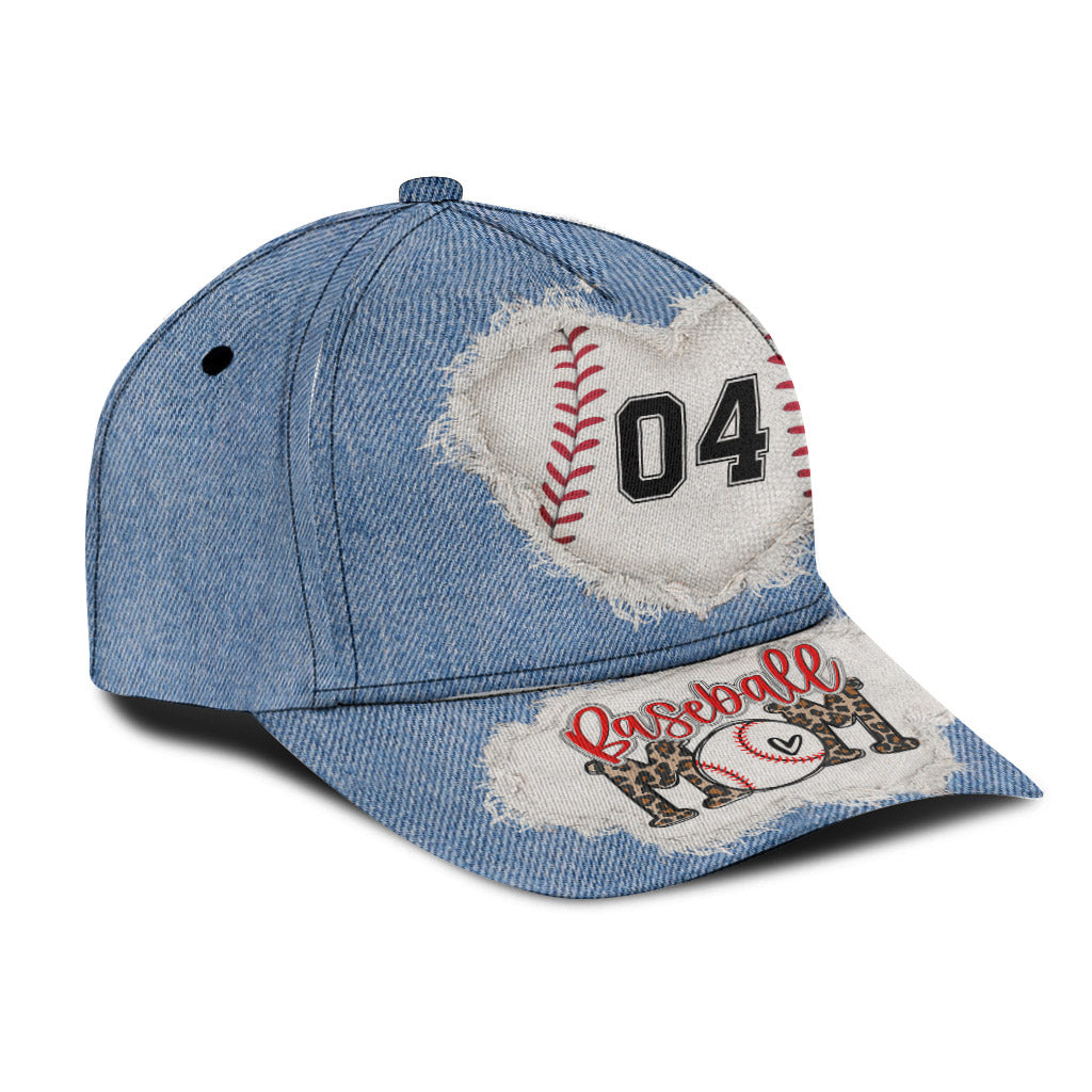 Baseball Mom Number Custom Denim Pattern - Personalized Baseball Classic Cap
