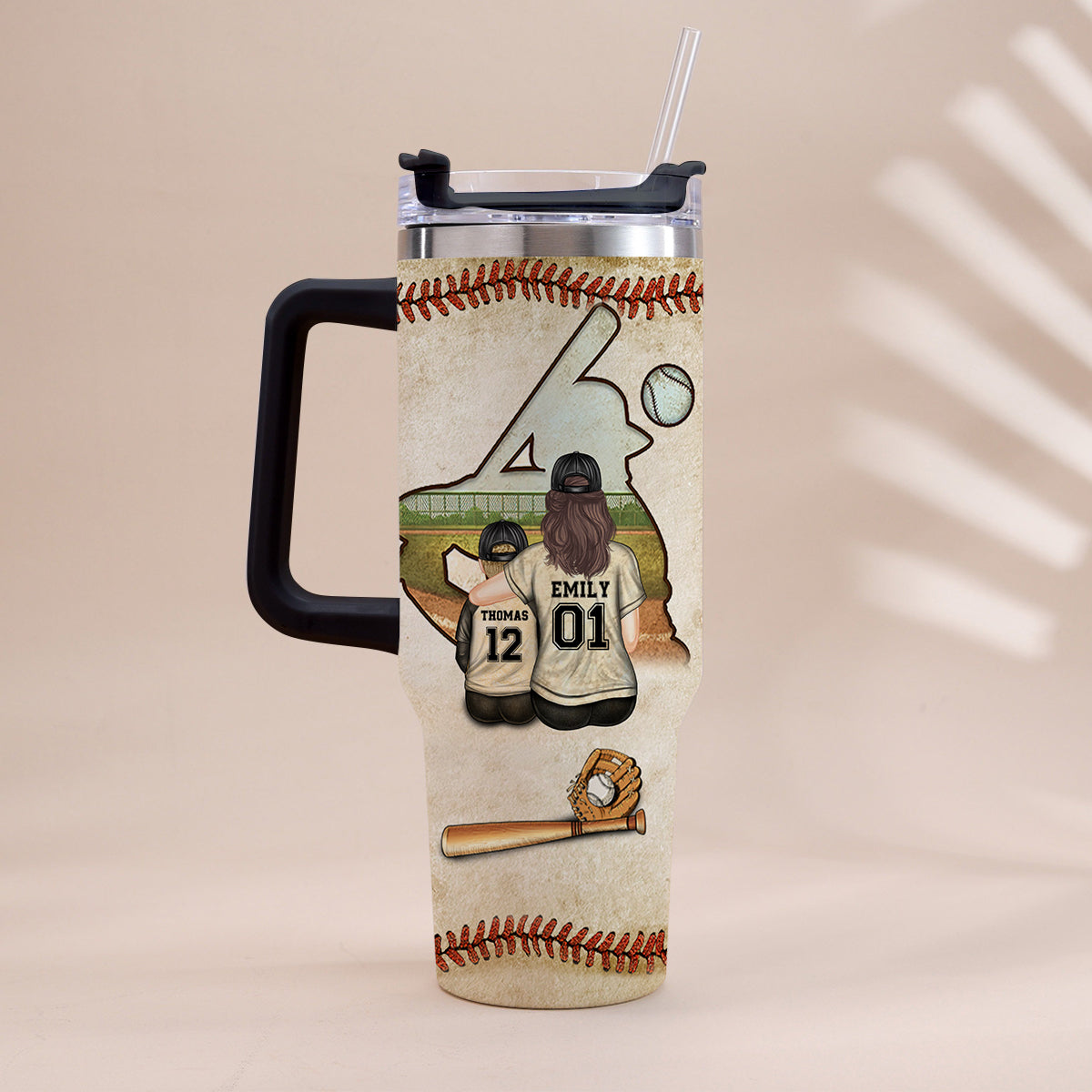 Behind Every Baseball Players Is A Mom - Personalized Baseball Tumbler With Handle