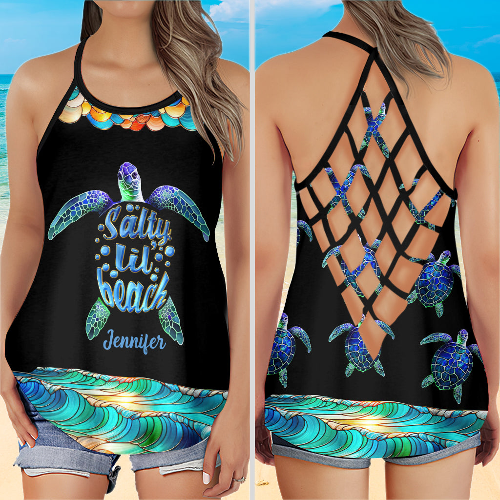 Salty Lil Beach Colorful Stained Glass Pattern - Personalized Turtle Cross Tank Top