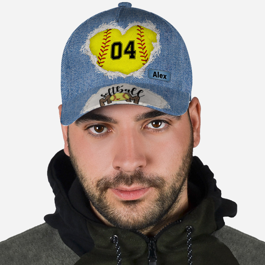 Softball Mom Number Custom Denim Pattern - Personalized Softball Classic Cap