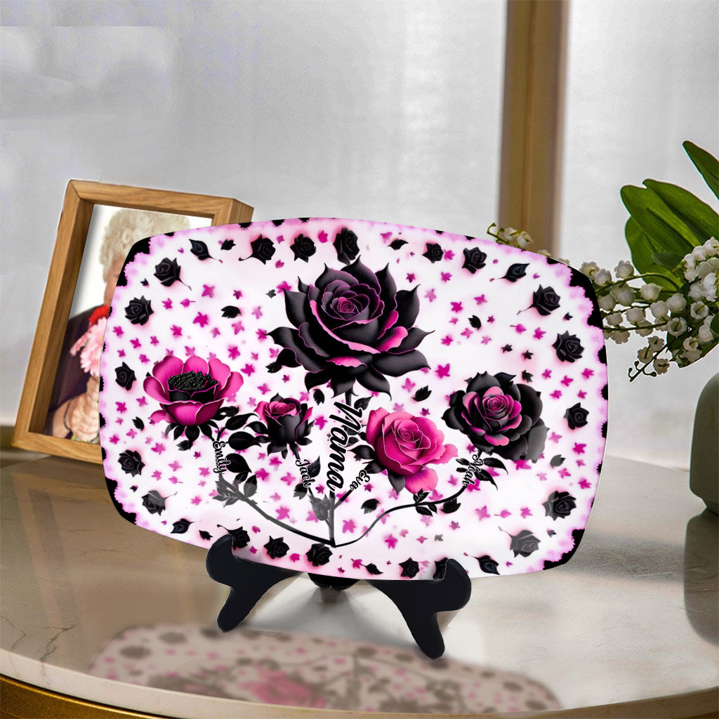 Mother Grandma And Children Black And Pink Roses - Personalized Grandma Plate