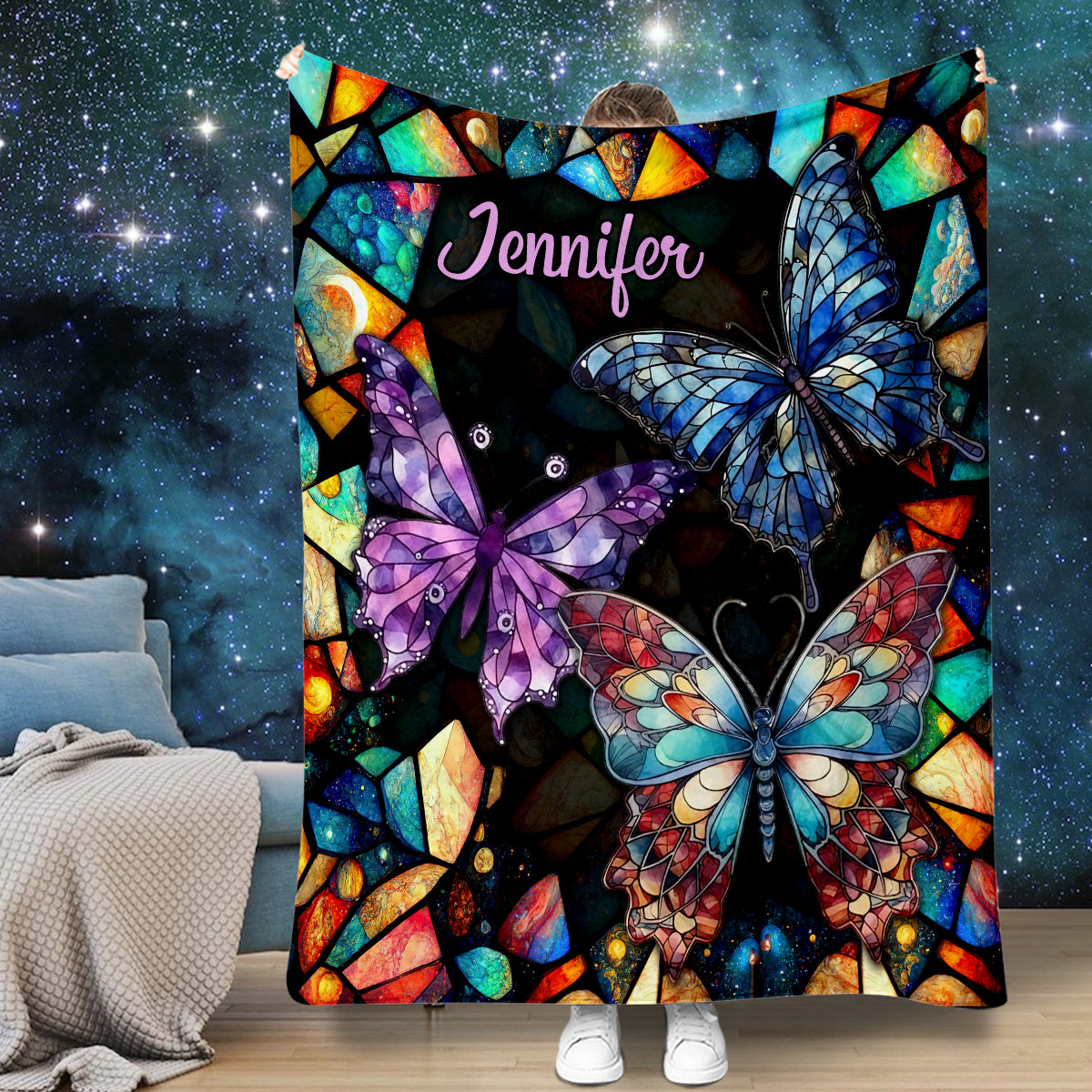 Butterfly Colorful Stained Glass Pattern - Personalized Butterfly Blanket