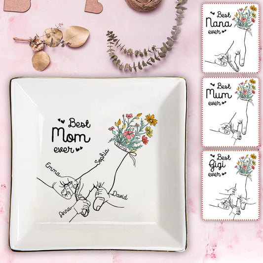 Mom And Children Hands Line Art - Personalized Mother Jewelry Dish