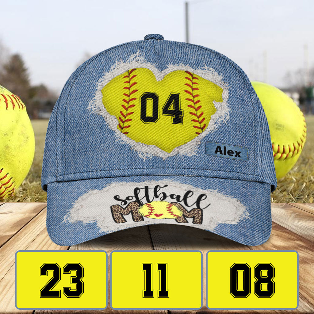 Softball Mom Number Custom Denim Pattern - Personalized Softball Classic Cap