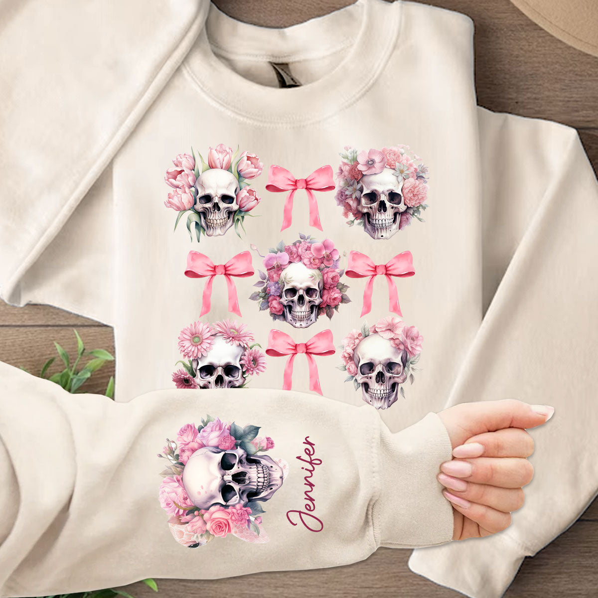 Pink Ribbon Coquette Bow Watercolor Skull - Personalized Skull All Over Shirt