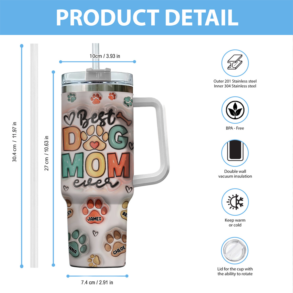 Best Pet Mom/ Pet Dad Ever Inflated Paws - Personalized Dog Tumbler With Handle