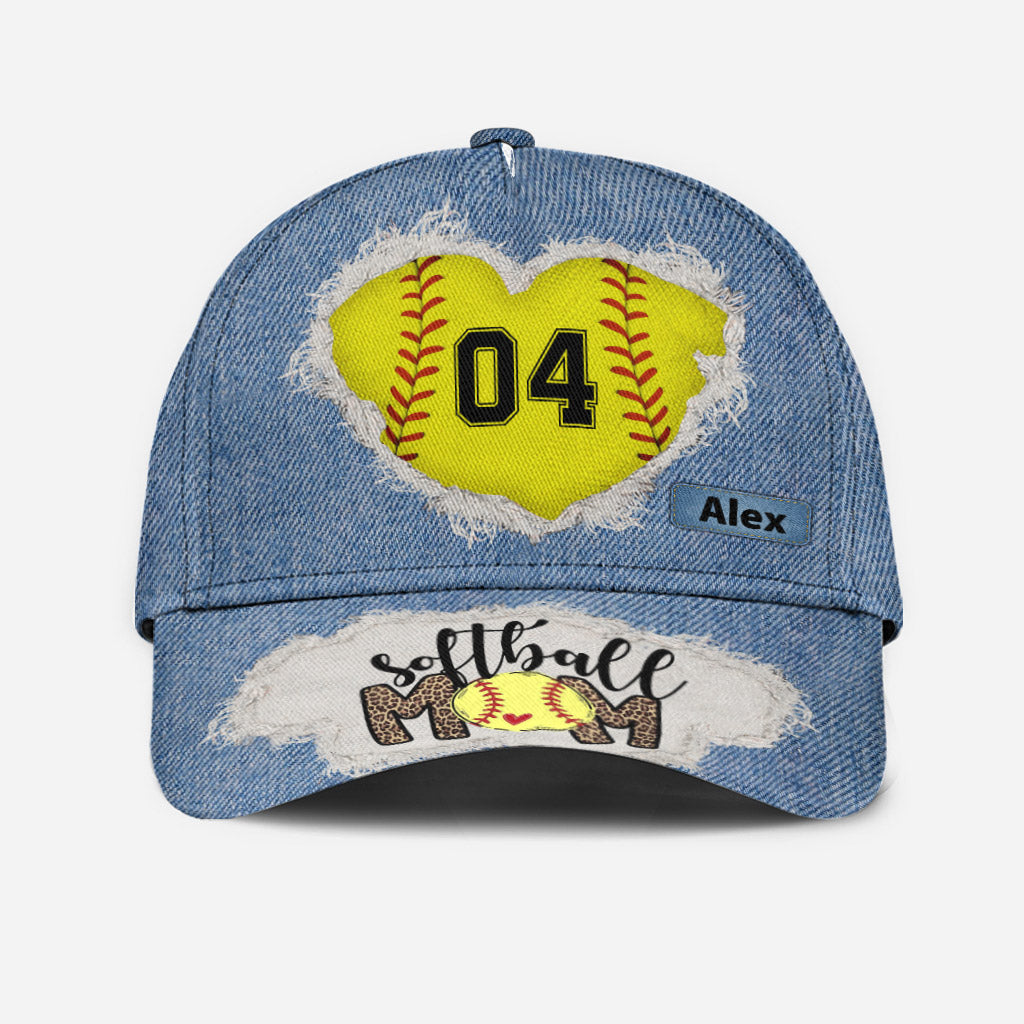 Softball Mom Number Custom Denim Pattern - Personalized Softball Classic Cap
