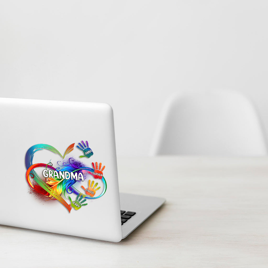 Grandma Colorful Heart Infinite Feather Hands - Personalized Grandma Decal Die Cut