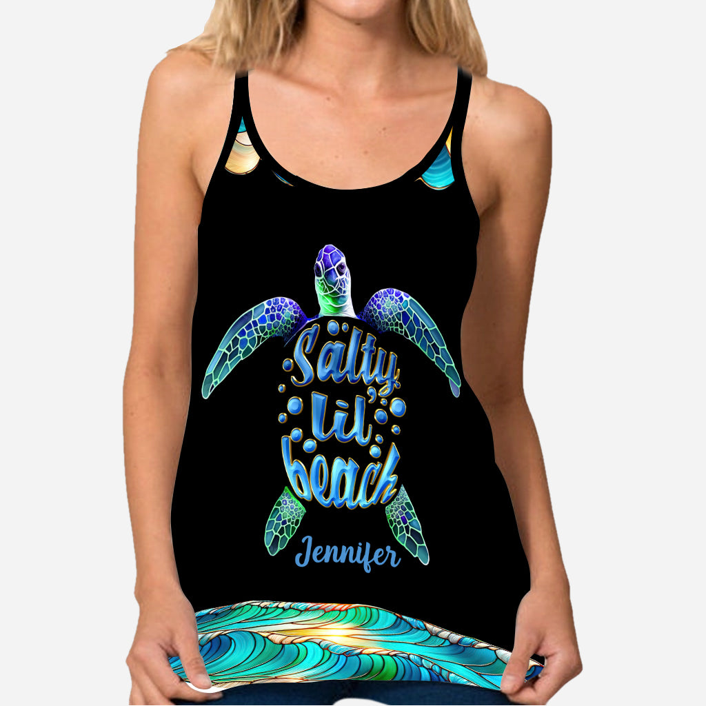 Salty Lil Beach Colorful Stained Glass Pattern - Personalized Turtle Cross Tank Top