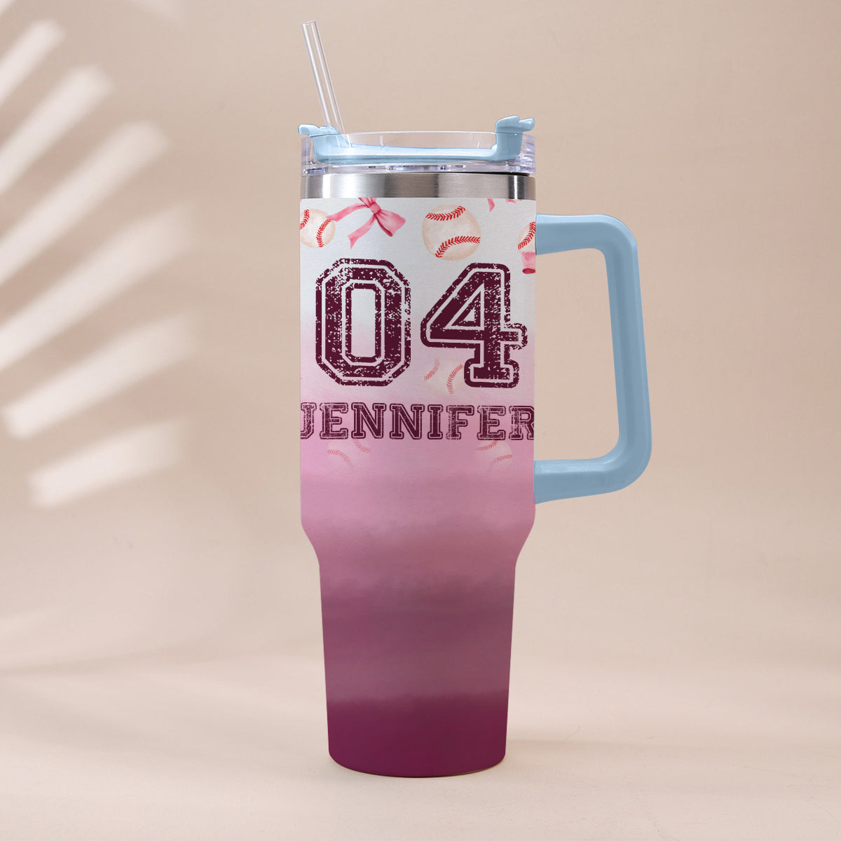 Baseball Coquette Ribbon Pink Gradient - Personalized Baseball Tumbler With Handle