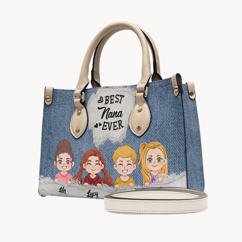 Best Nana Ever Denim Pattern - Personalized Grandma Leather Handbag