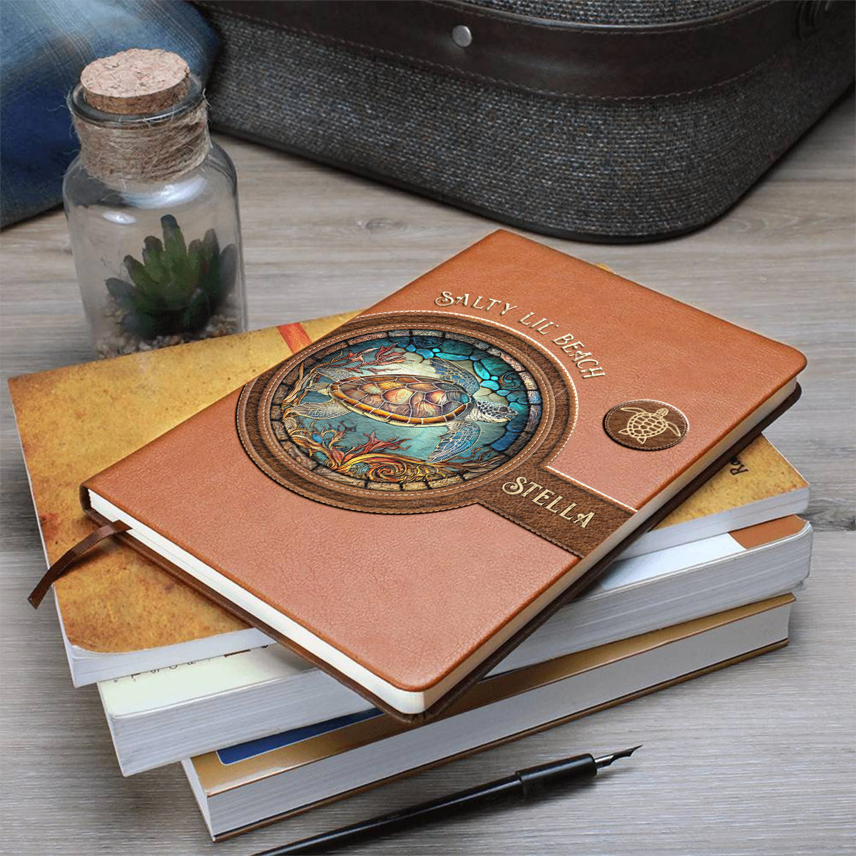 Salty Lil Beach - Personalized Turtle Leather Journal