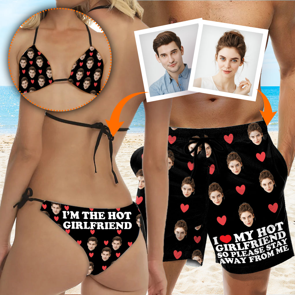 I Love My Hot Girlfriend - Personalized Couple Triangle Bikini Swimsuit And Men Shorts