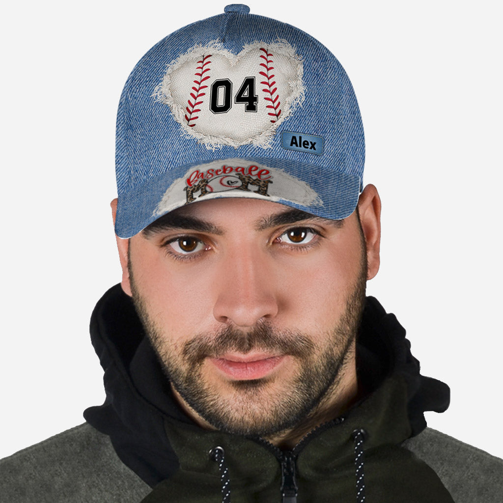 Baseball Mom Number Custom Denim Pattern - Personalized Baseball Classic Cap