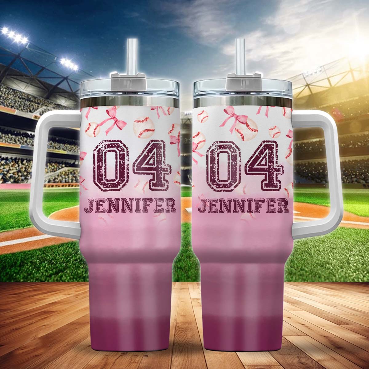 Baseball Coquette Ribbon Pink Gradient - Personalized Baseball Tumbler With Handle