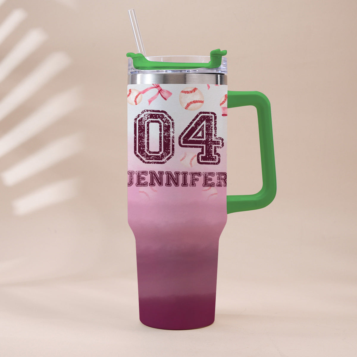 Baseball Coquette Ribbon Pink Gradient - Personalized Baseball Tumbler With Handle