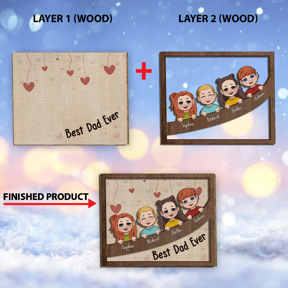 Bes Dad Mom Grandma Grandpa Ever Chibi Kids - Personalized Father 2 Layered Wood Sign / Wood Plaque