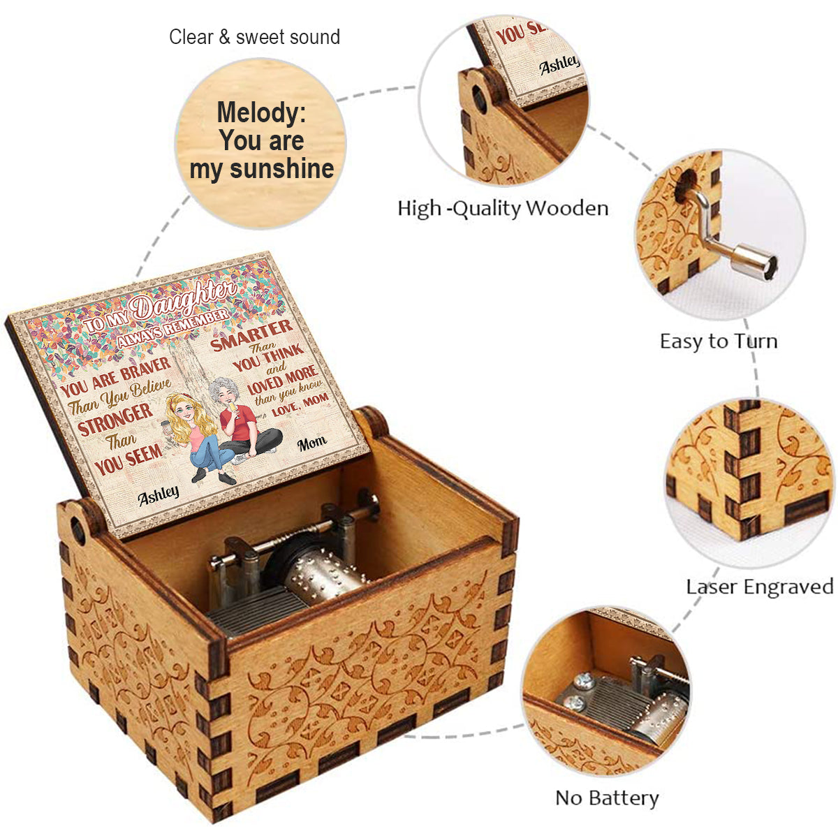 To Any Title Allways Remember You Are Braver Than You Believe - Personalized Mother Hand Crank Music Box