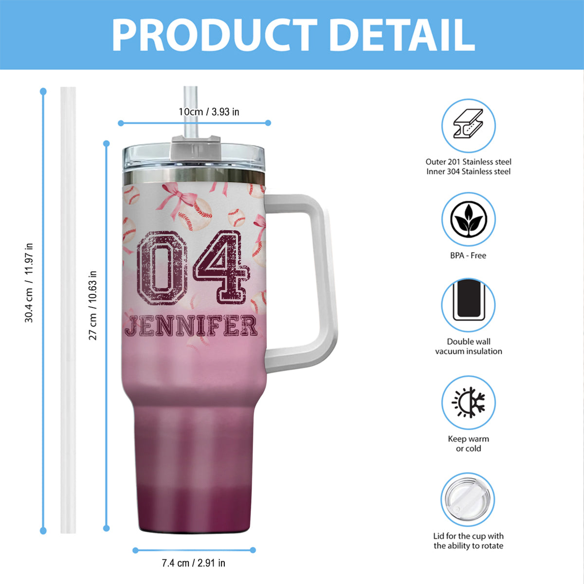 Baseball Coquette Ribbon Pink Gradient - Personalized Baseball Tumbler With Handle