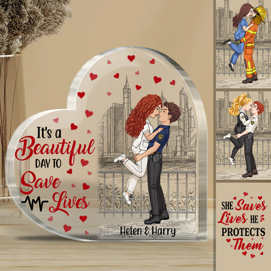It's Beautiful Day To Save Lives - Personalized Couple Custom Shaped Acrylic Plaque