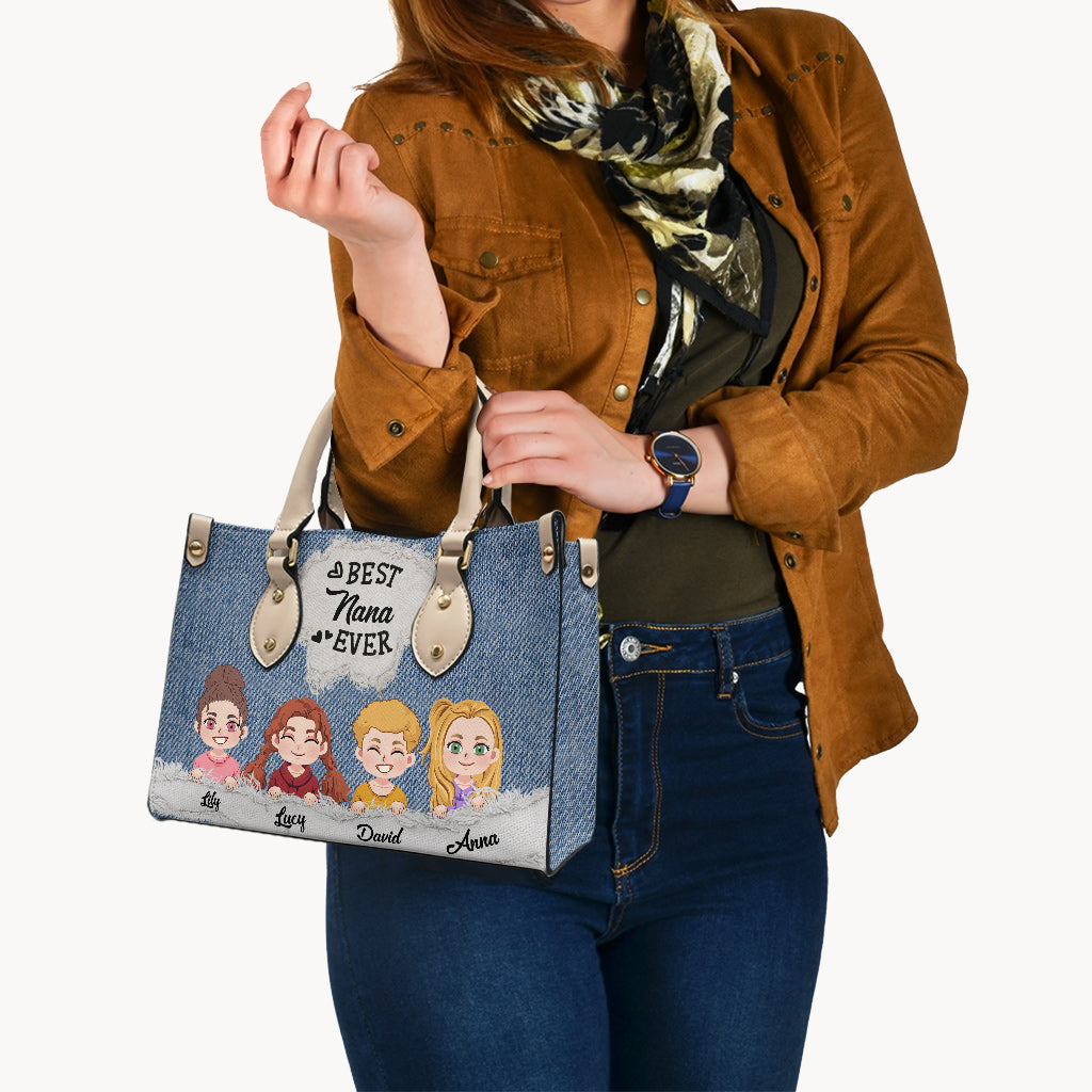 Best Nana Ever Denim Pattern - Personalized Grandma Leather Handbag
