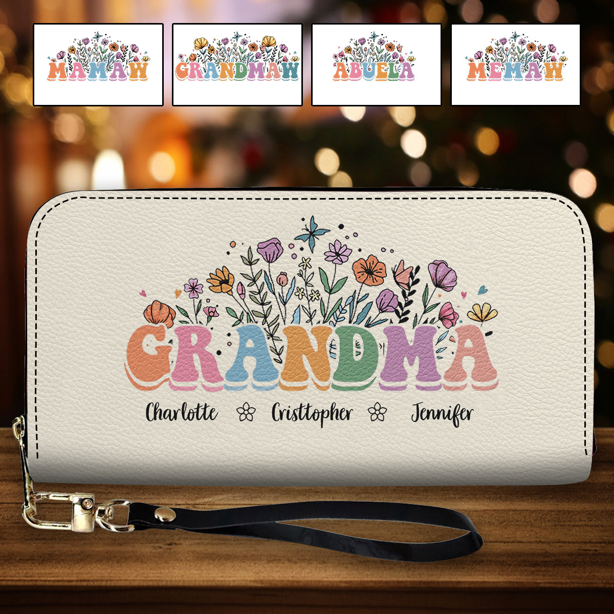 Mom Grandma Floral - Personalized Grandma Leather Long Wallet