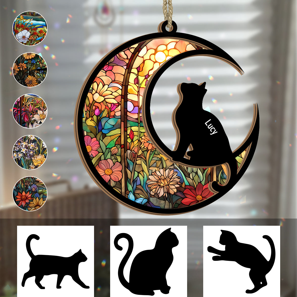 Stained Glass Pattern Cat Silhouette - Personalized Cat Suncatcher