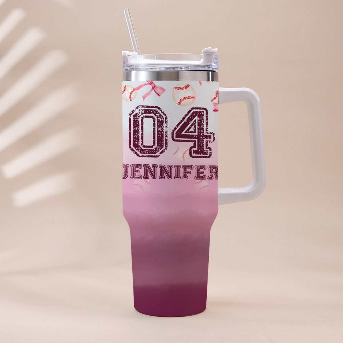 Baseball Coquette Ribbon Pink Gradient - Personalized Baseball Tumbler With Handle