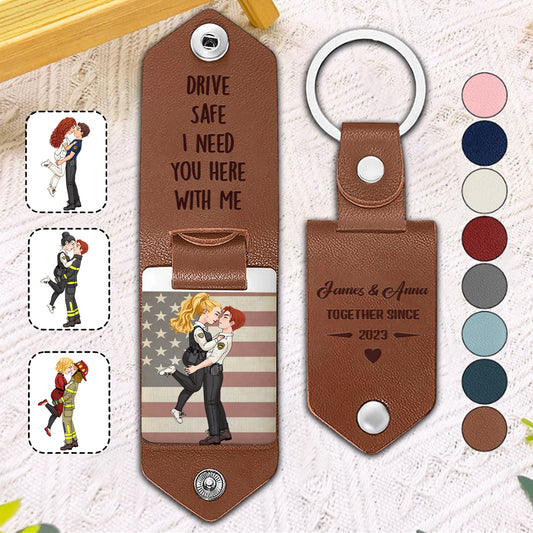 Drive Safe I Need You Here With Me - Personalized Couple Leather Photo Keychain