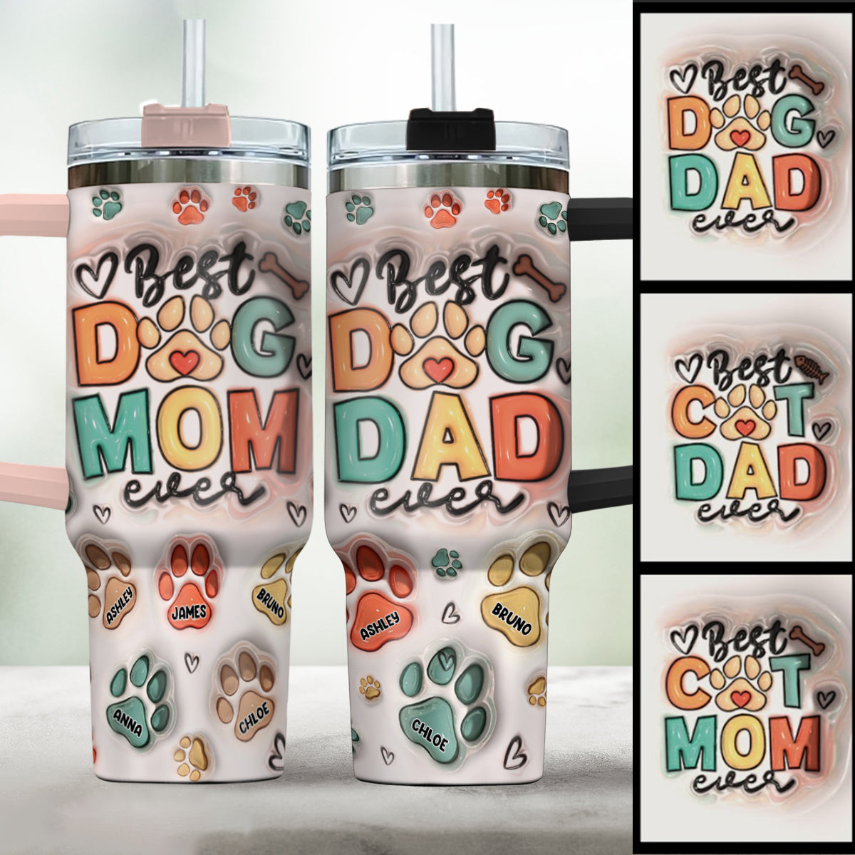 Best Pet Mom/ Pet Dad Ever Inflated Paws - Personalized Dog Tumbler With Handle