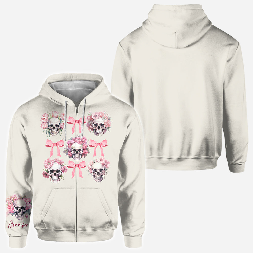 Pink Ribbon Coquette Bow Watercolor Skull - Personalized Skull All Over Shirt