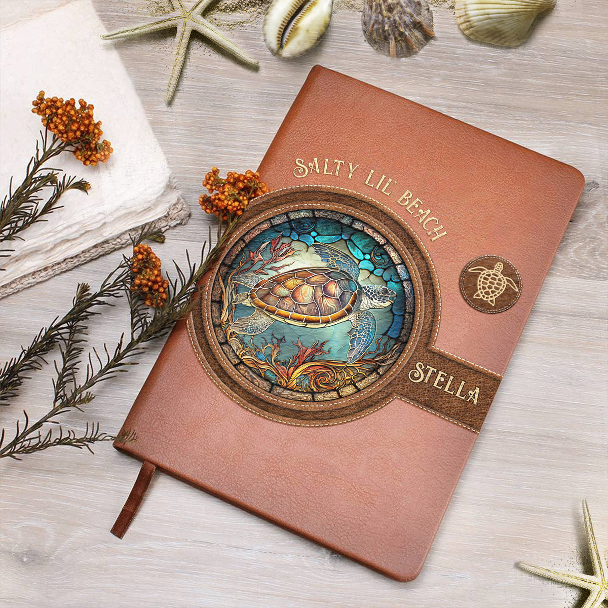 Salty Lil Beach - Personalized Turtle Leather Journal