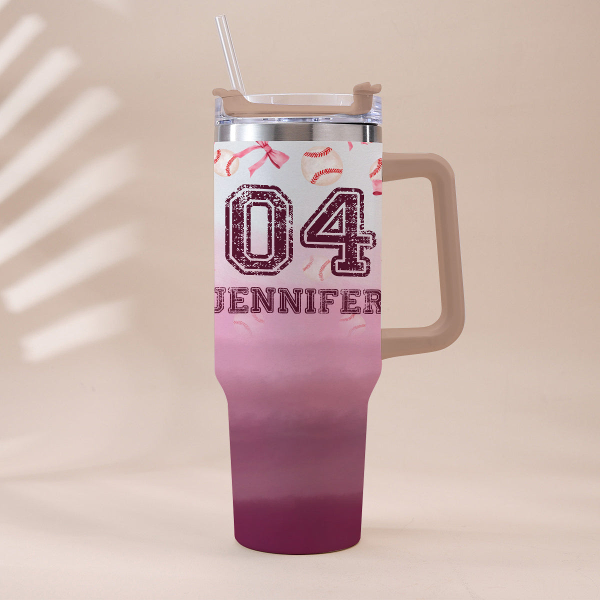 Baseball Coquette Ribbon Pink Gradient - Personalized Baseball Tumbler With Handle