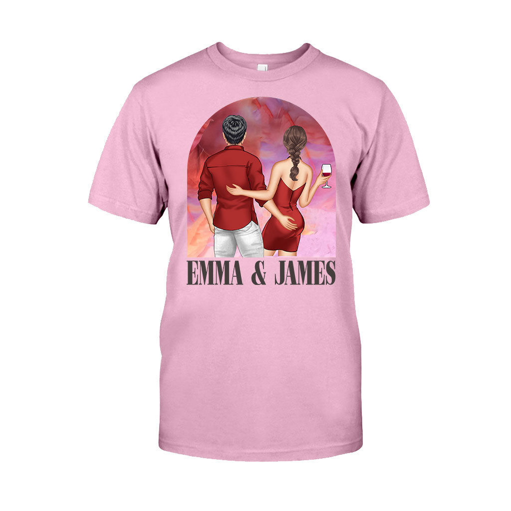 Pink Movie Background Couple - Personalized Couple T-shirt And Hoodie