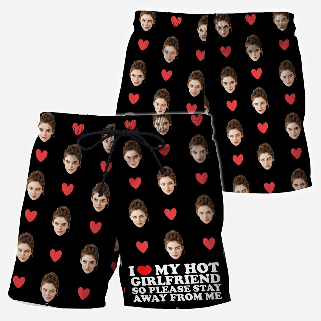 I Love My Hot Girlfriend - Personalized Couple Triangle Bikini Swimsuit And Men Shorts