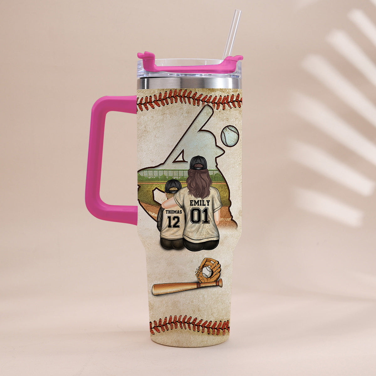 Behind Every Baseball Players Is A Mom - Personalized Baseball Tumbler With Handle