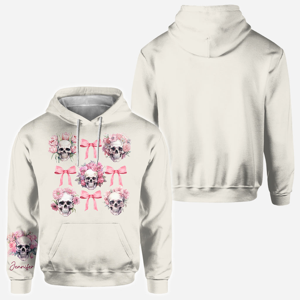 Pink Ribbon Coquette Bow Watercolor Skull - Personalized Skull All Over Shirt